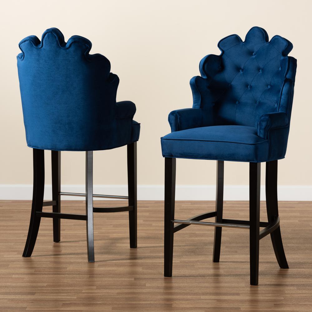 Navy Blue Velvet Upholstered and Dark Brown Finished Wood 2-Piece Bar Stool Set. Picture 15