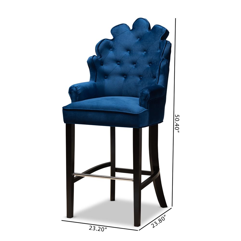 Navy Blue Velvet Upholstered and Dark Brown Finished Wood 2-Piece Bar Stool Set. Picture 16