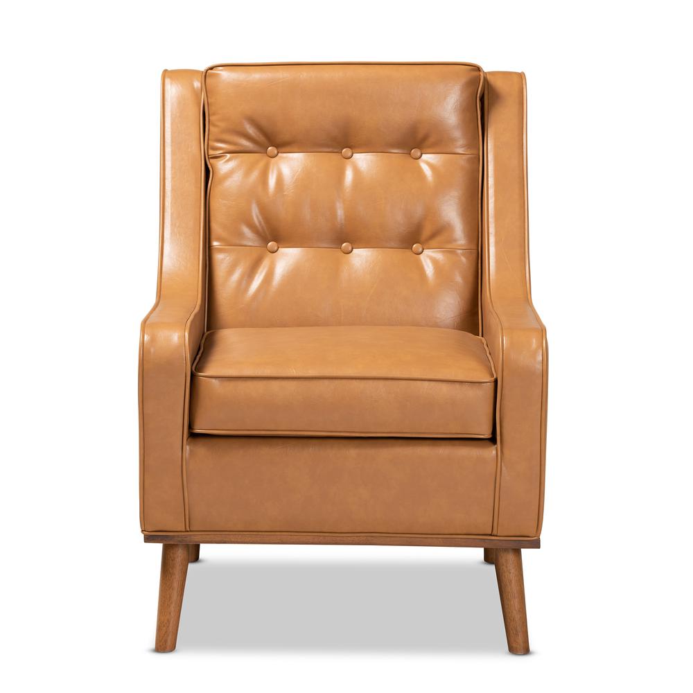Tan Faux Leather Upholstered and Walnut Brown Finished Wood Lounge Armchair. Picture 12