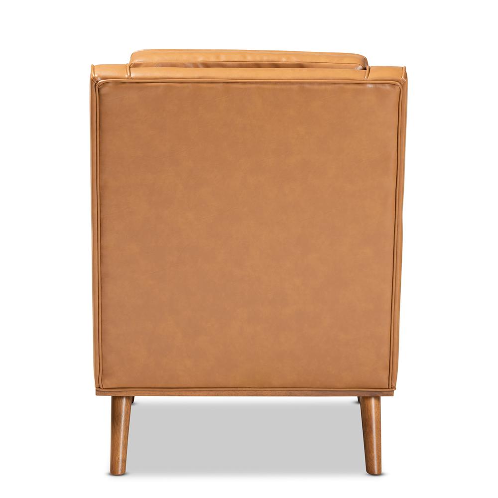 Tan Faux Leather Upholstered and Walnut Brown Finished Wood Lounge Armchair. Picture 14