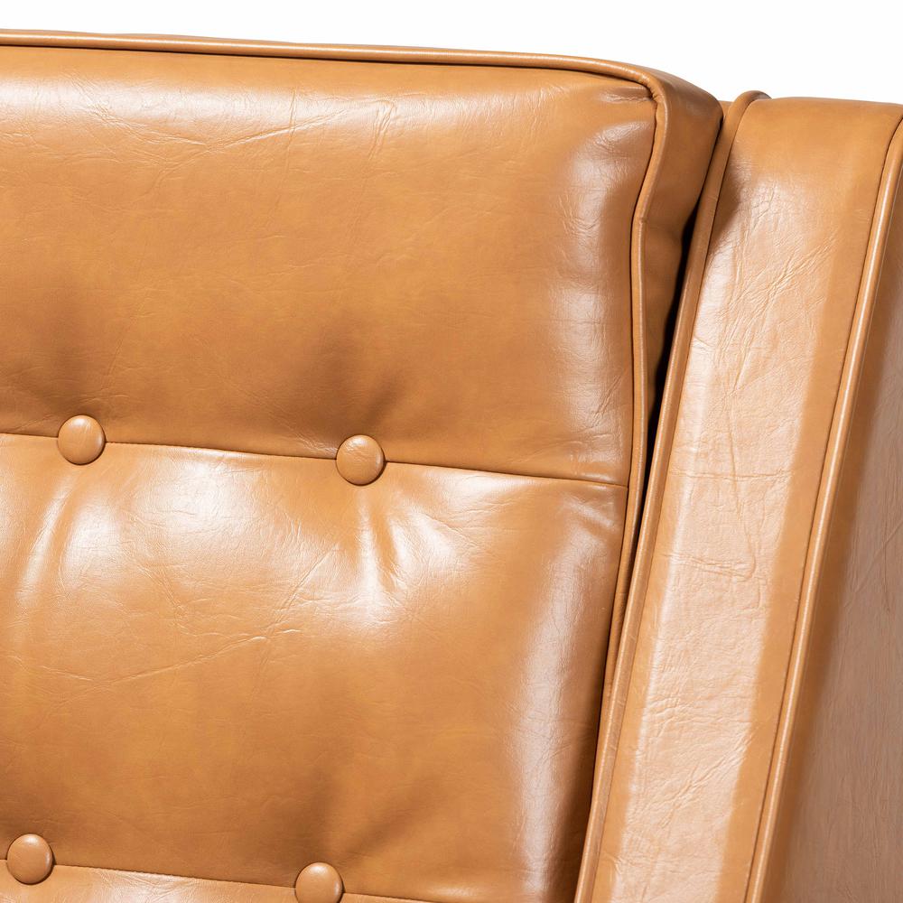 Tan Faux Leather Upholstered and Walnut Brown Finished Wood Lounge Armchair. Picture 15