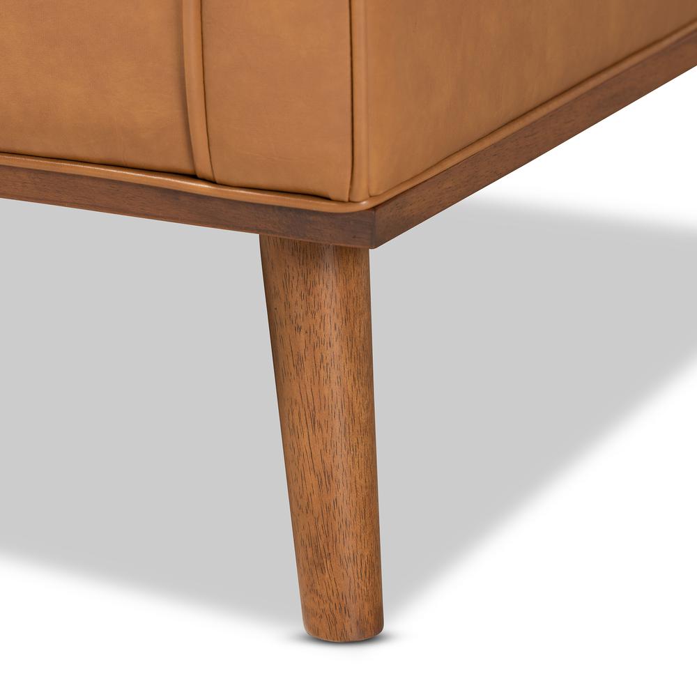 Tan Faux Leather Upholstered and Walnut Brown Finished Wood Lounge Armchair. Picture 17