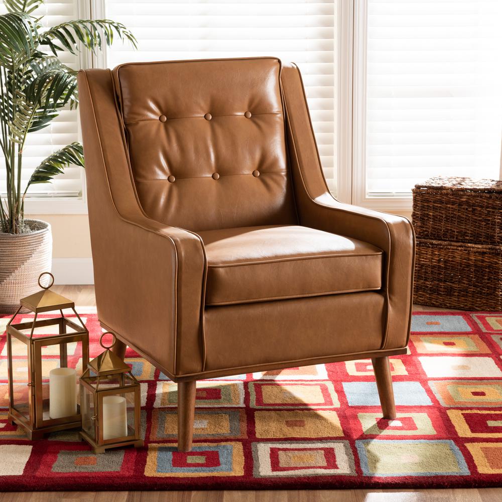 Tan Faux Leather Upholstered and Walnut Brown Finished Wood Lounge Armchair. Picture 18