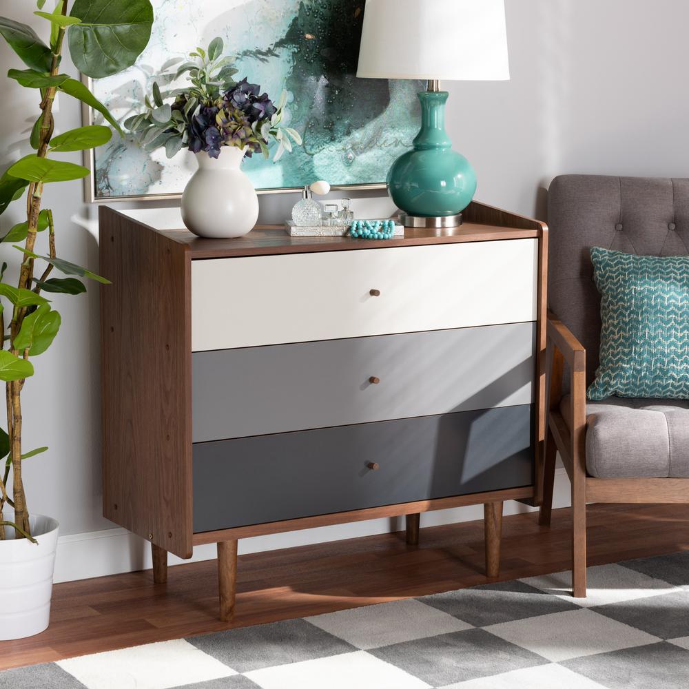 Multicolor Walnut Brown and Grey Gradient Finished Wood 3-Drawer Chest. Picture 16