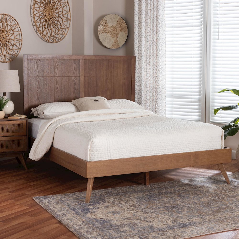 Noela Platform Bed Mid-Century Modern Wood Bed Frame with Panel Headboard, Queen. Picture 6