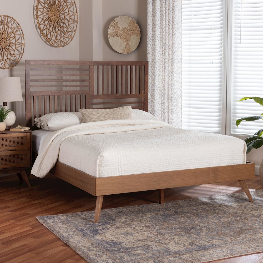 Gemma Platform Bed - Mid-Century Modern Bed Frame with Slatted Headboard, Queen. Picture 6