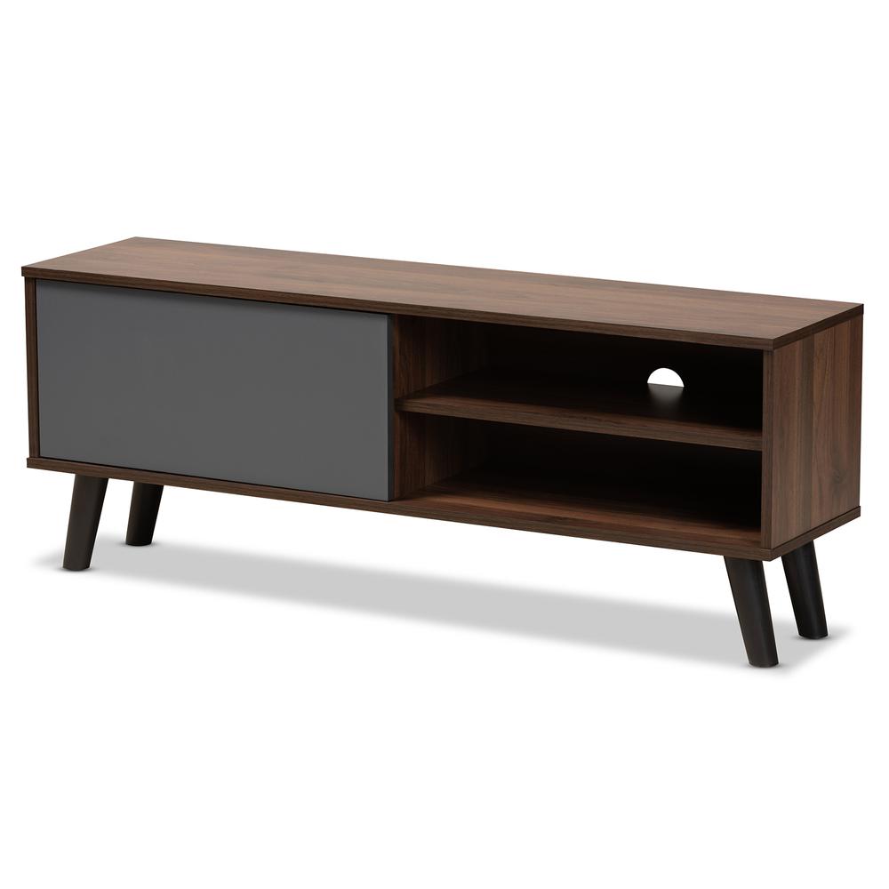 Two-Tone Walnut Brown and Grey Finished Wood TV Stand. Picture 9