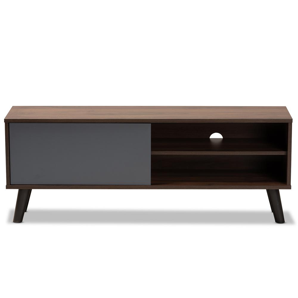 Two-Tone Walnut Brown and Grey Finished Wood TV Stand. Picture 11