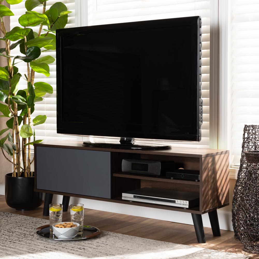 Two-Tone Walnut Brown and Grey Finished Wood TV Stand. Picture 14