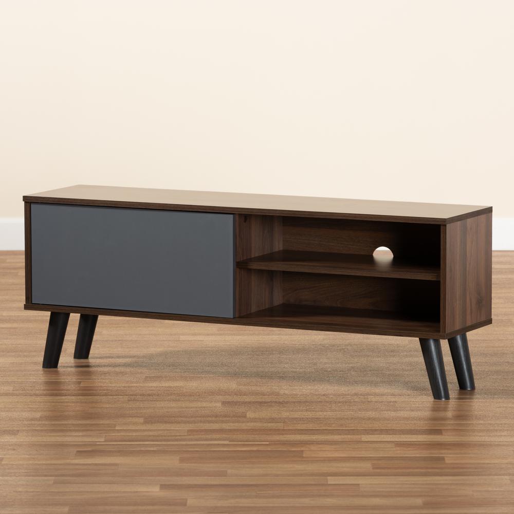 Two-Tone Walnut Brown and Grey Finished Wood TV Stand. Picture 15