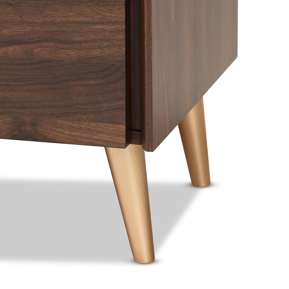 Landen Mid-Century Modern Walnut Brown and Gold Finished Wood TV Stand. Picture 15