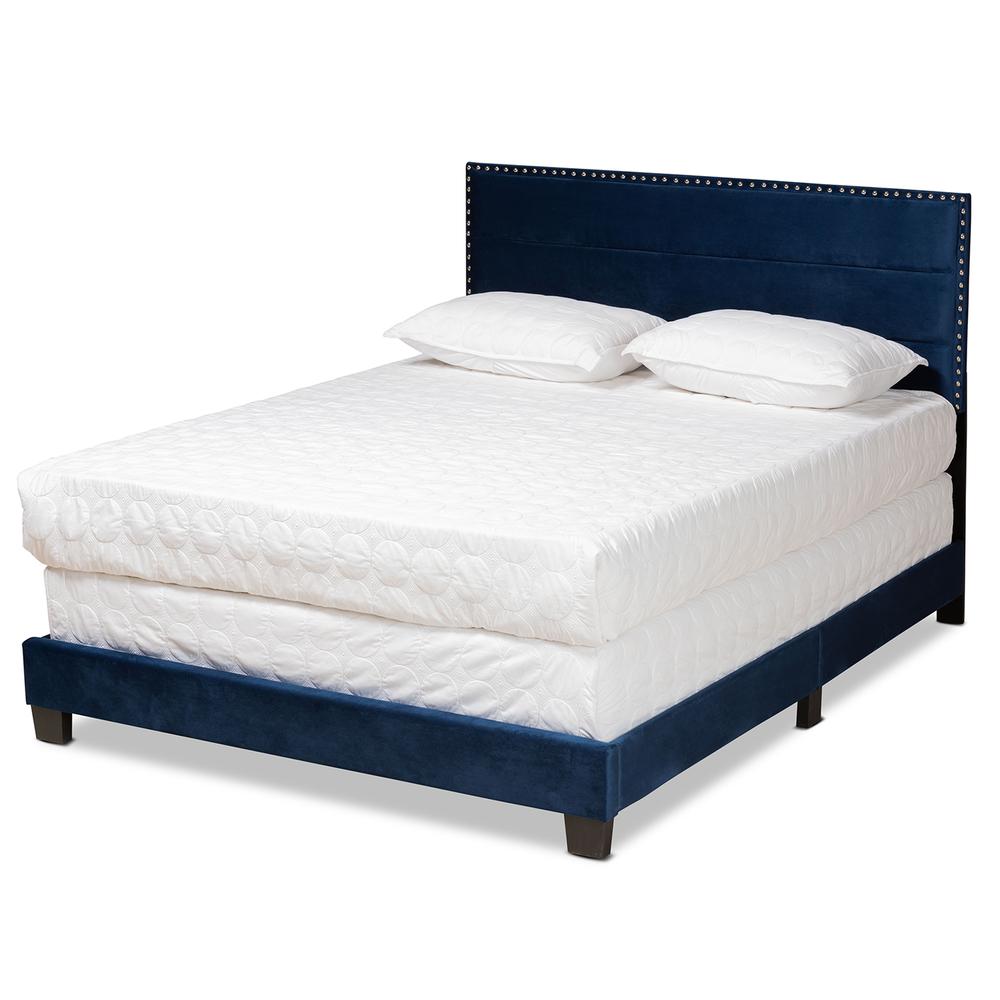 Glam Navy Blue Velvet Fabric Upholstered Queen Size Panel Bed. Picture 10