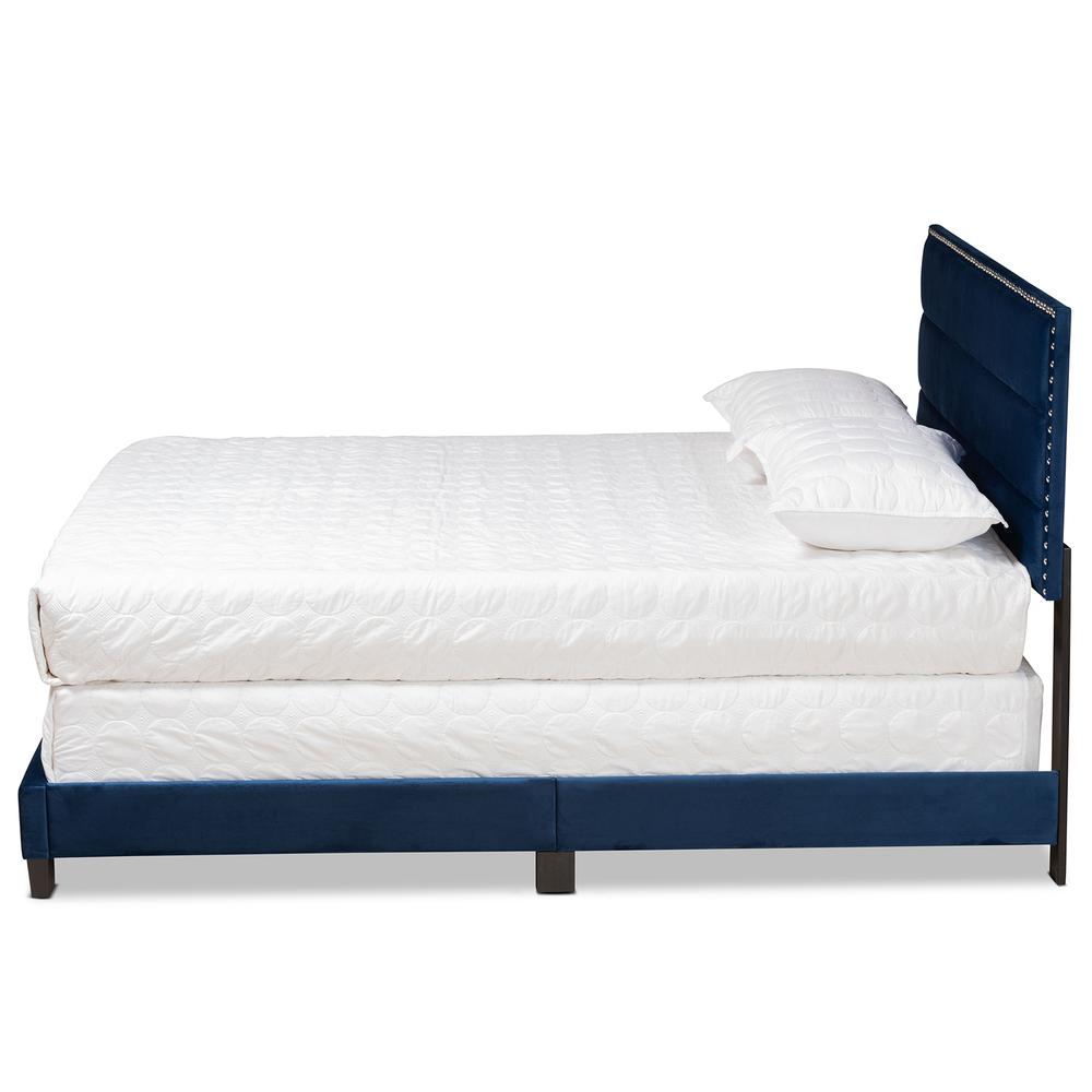 Glam Navy Blue Velvet Fabric Upholstered Queen Size Panel Bed. Picture 11