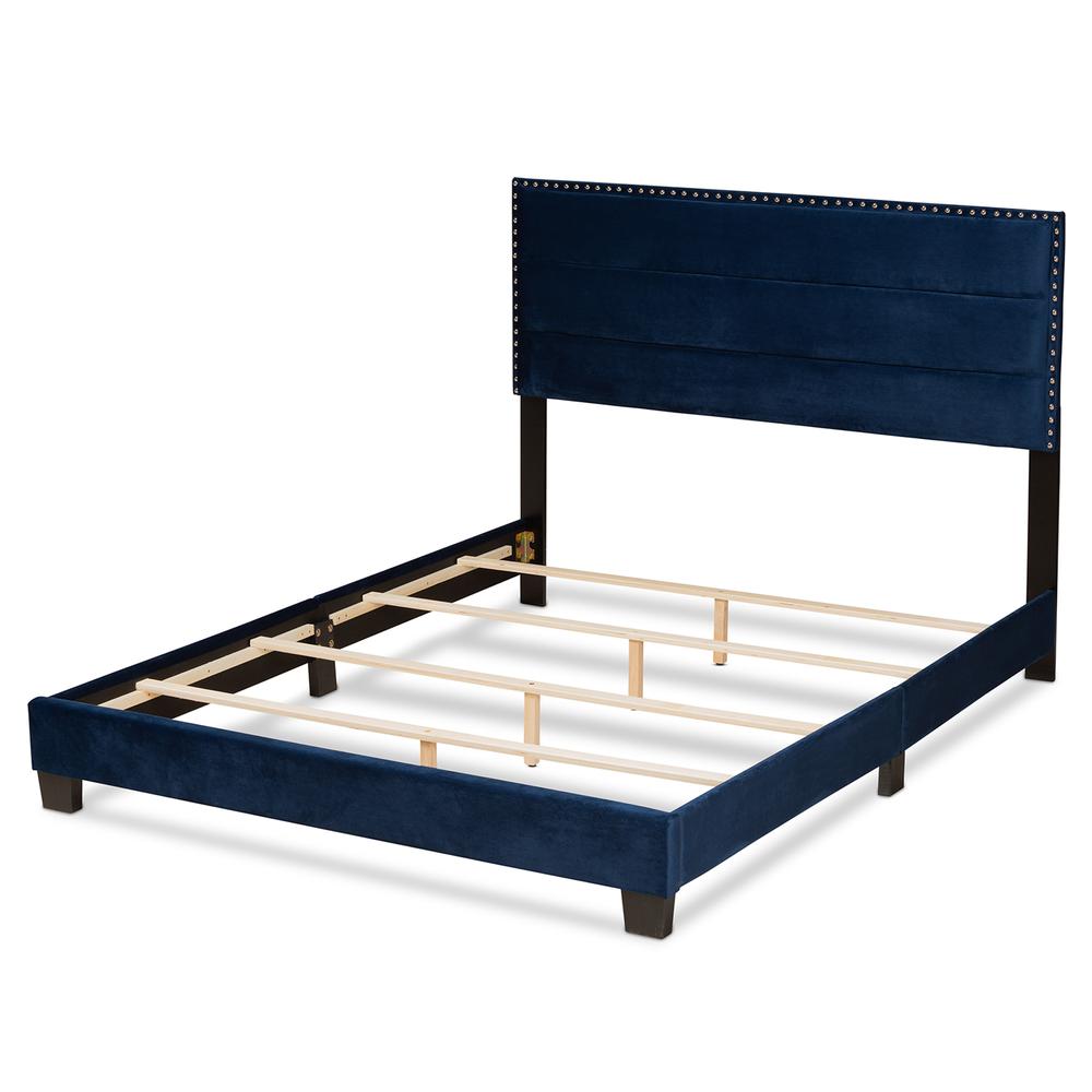Glam Navy Blue Velvet Fabric Upholstered Queen Size Panel Bed. Picture 12