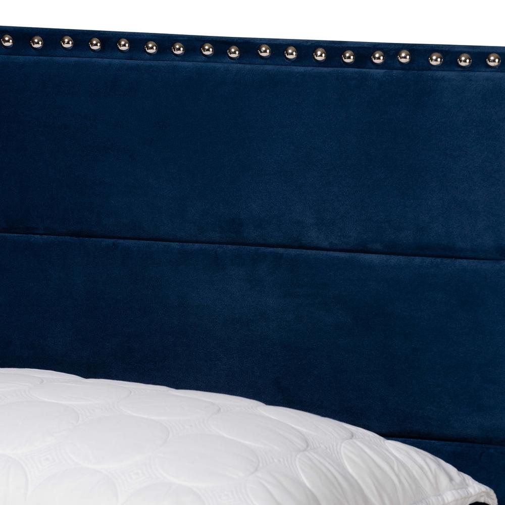 Glam Navy Blue Velvet Fabric Upholstered Queen Size Panel Bed. Picture 13