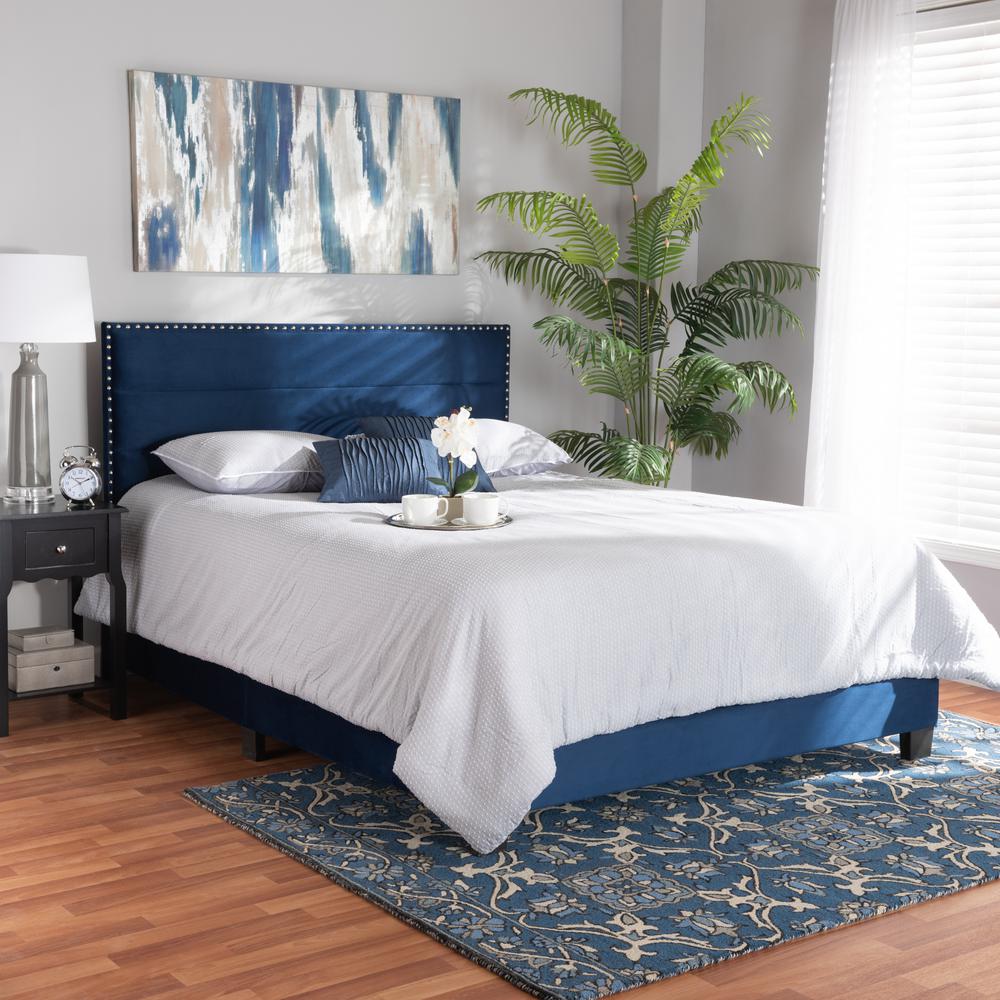 Glam Navy Blue Velvet Fabric Upholstered Queen Size Panel Bed. Picture 15