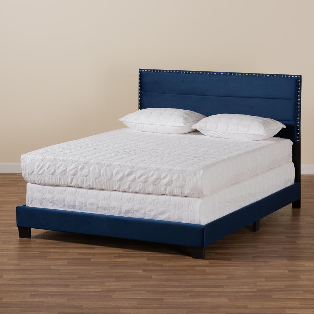 Glam Navy Blue Velvet Fabric Upholstered Queen Size Panel Bed. Picture 16