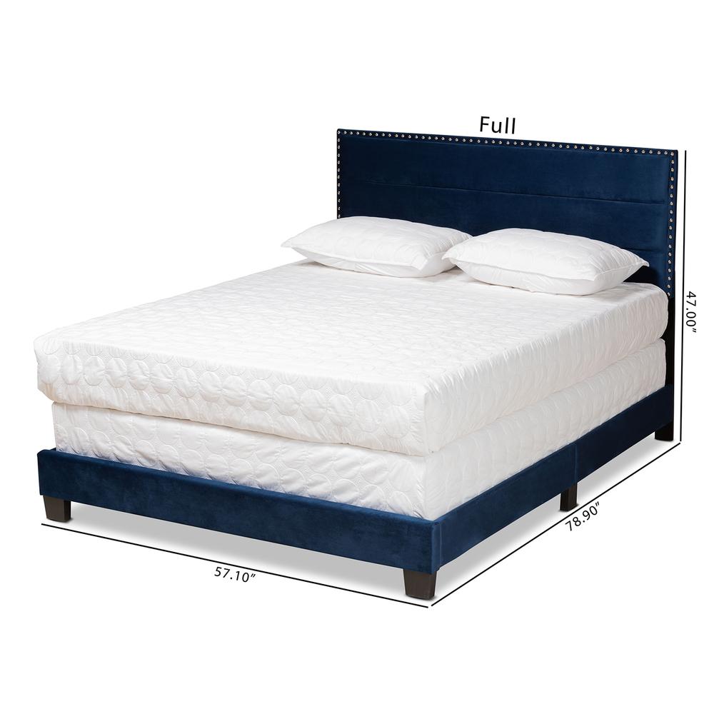 Glam Navy Blue Velvet Fabric Upholstered Queen Size Panel Bed. Picture 17