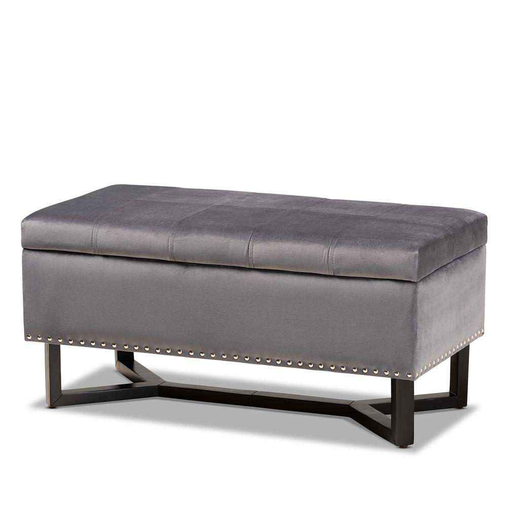 Grey Velvet Fabric Upholstered and Dark Brown Finished Wood Storage Ottoman. Picture 12