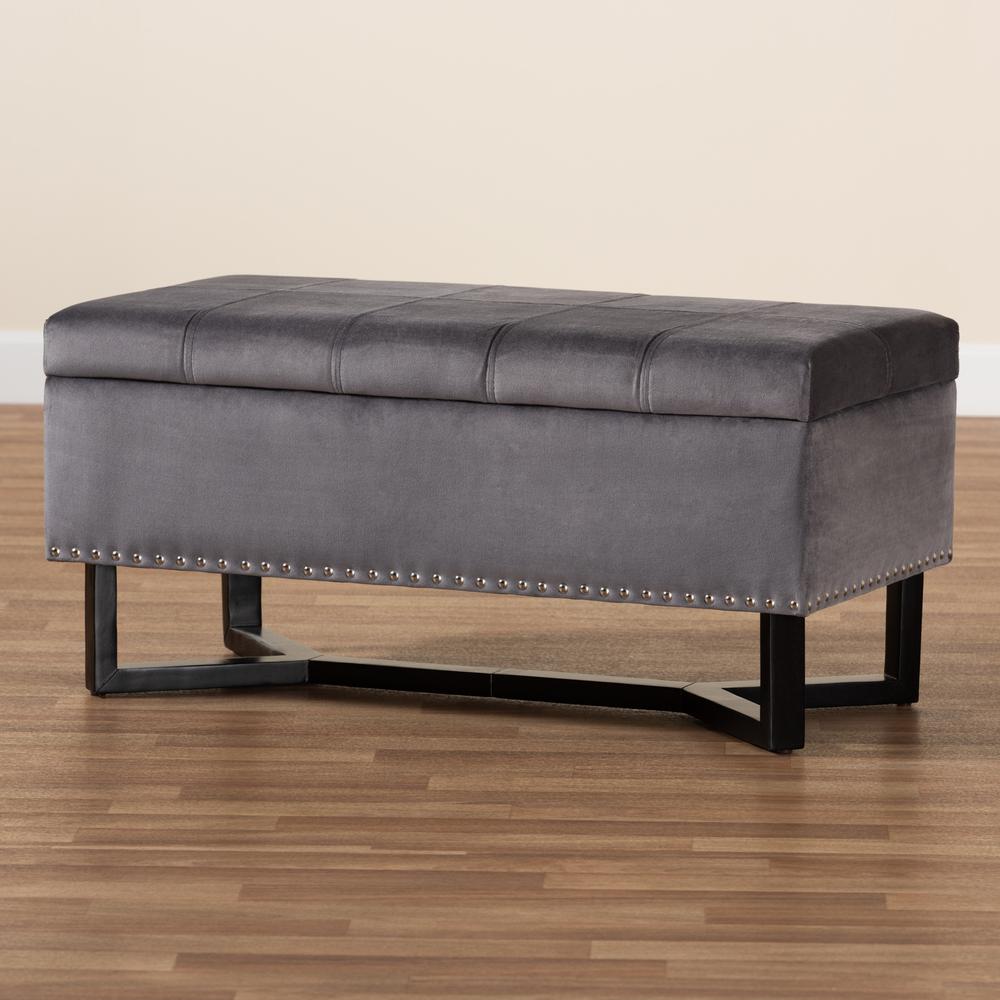 Grey Velvet Fabric Upholstered and Dark Brown Finished Wood Storage Ottoman. Picture 21