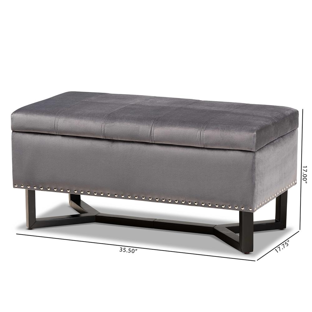 Grey Velvet Fabric Upholstered and Dark Brown Finished Wood Storage Ottoman. Picture 22