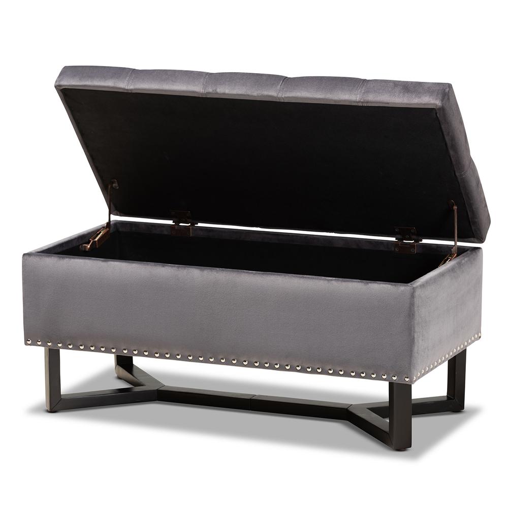 Grey Velvet Fabric Upholstered and Dark Brown Finished Wood Storage Ottoman. Picture 13