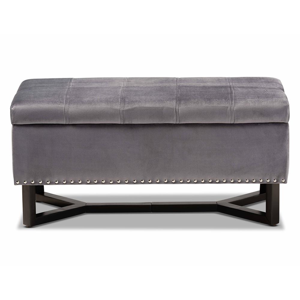 Grey Velvet Fabric Upholstered and Dark Brown Finished Wood Storage Ottoman. Picture 14