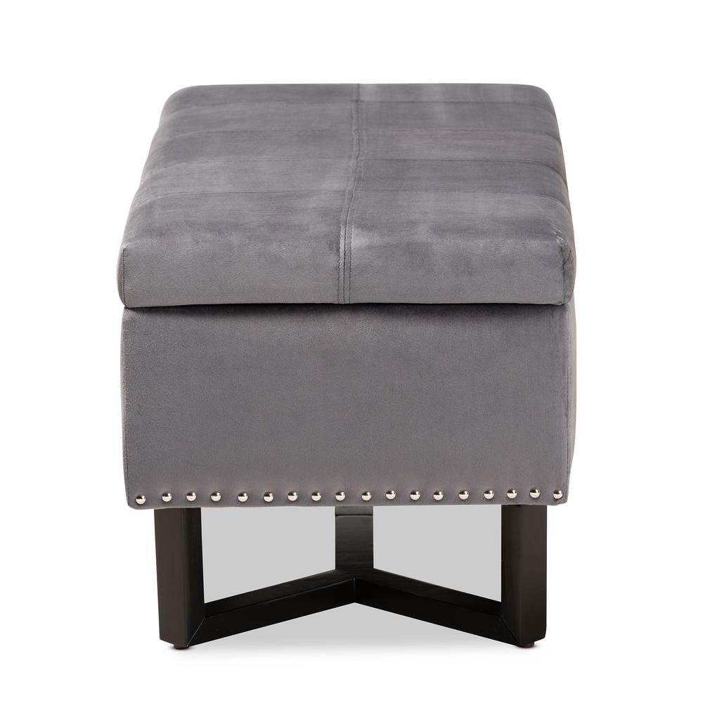 Grey Velvet Fabric Upholstered and Dark Brown Finished Wood Storage Ottoman. Picture 15