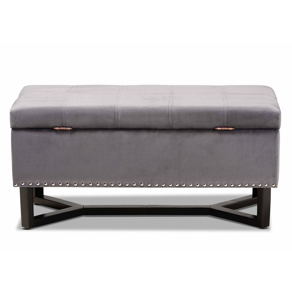 Grey Velvet Fabric Upholstered and Dark Brown Finished Wood Storage Ottoman. Picture 16