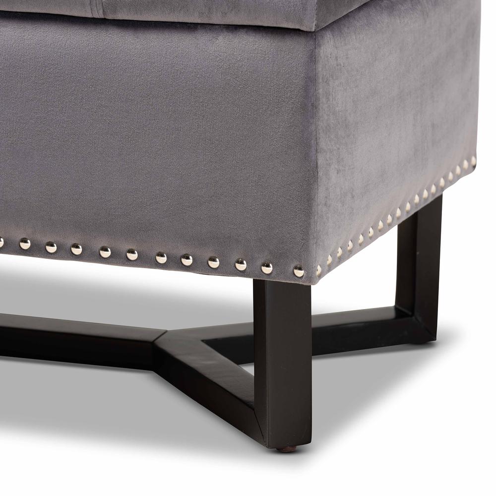 Grey Velvet Fabric Upholstered and Dark Brown Finished Wood Storage Ottoman. Picture 18