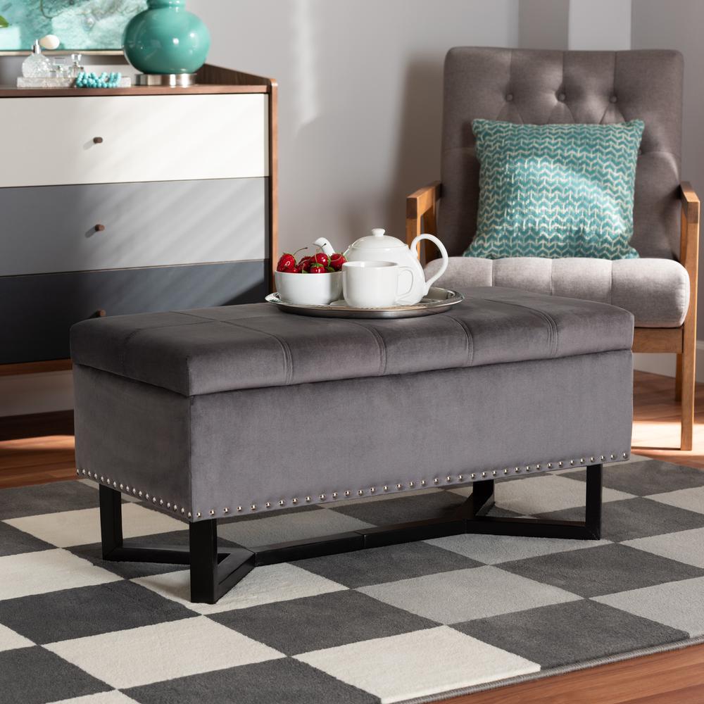 Grey Velvet Fabric Upholstered and Dark Brown Finished Wood Storage Ottoman. Picture 19