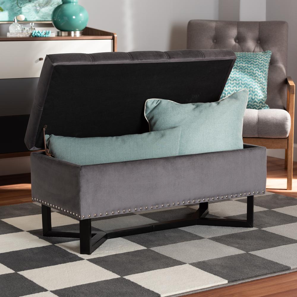 Grey Velvet Fabric Upholstered and Dark Brown Finished Wood Storage Ottoman. Picture 20