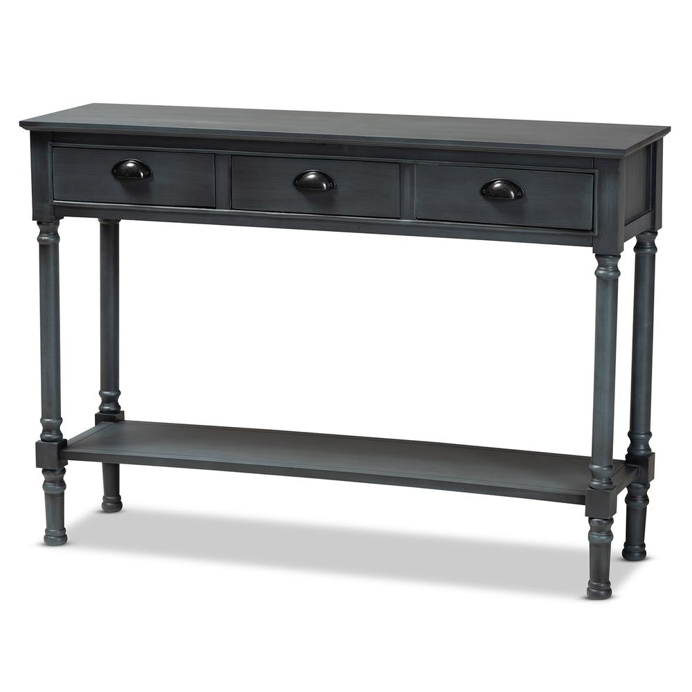 Garvey French Provincial Dark Blue Gray Wood 3-Drawer Entryway Console Table. Picture 10