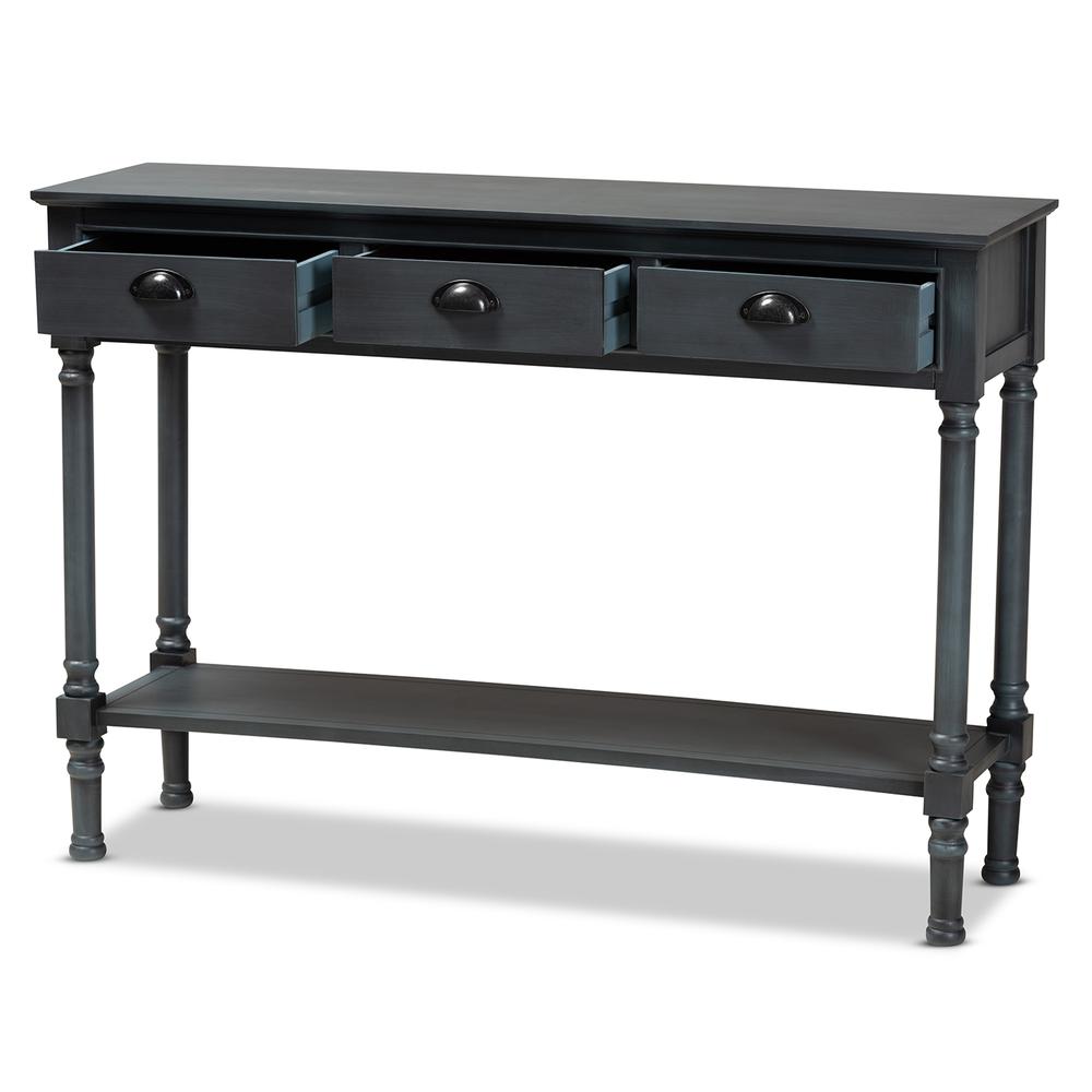 Garvey French Provincial Dark Blue Gray Wood 3-Drawer Entryway Console Table. Picture 11