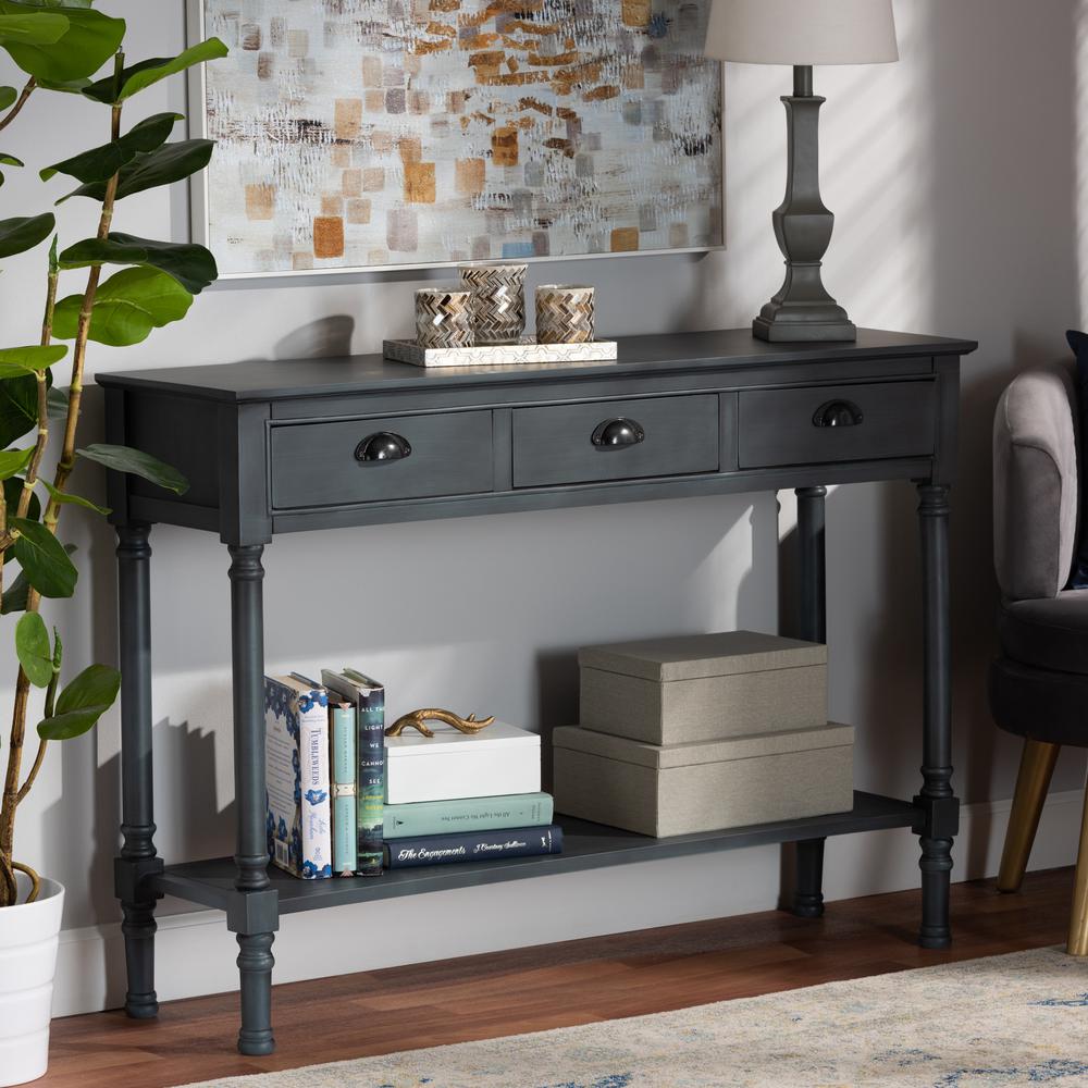Garvey French Provincial Dark Blue Gray Wood 3-Drawer Entryway Console Table. Picture 16