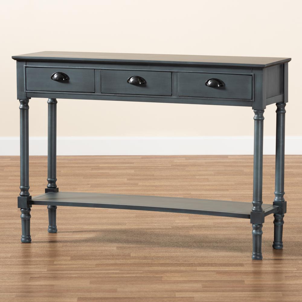 Garvey French Provincial Dark Blue Gray Wood 3-Drawer Entryway Console Table. Picture 17