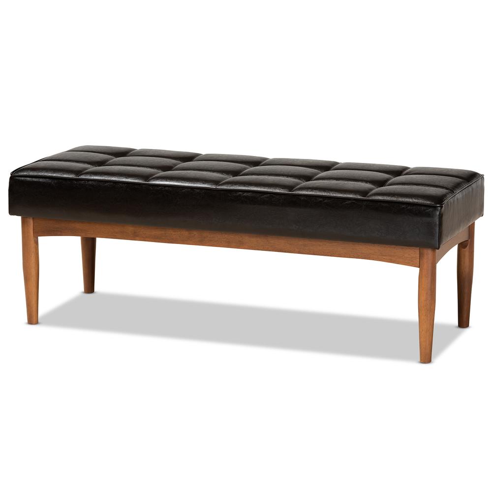 Leather Upholstered and Walnut Brown Finished Wood Dining Bench. Picture 9