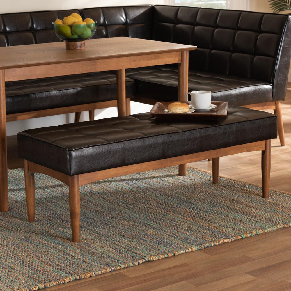 Leather Upholstered and Walnut Brown Finished Wood Dining Bench. Picture 14