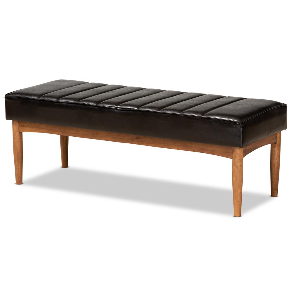 Leather Upholstered and Walnut Brown Finished Wood Dining Bench. Picture 8