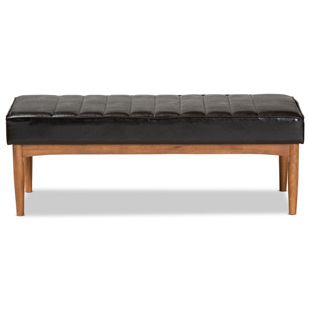 Leather Upholstered and Walnut Brown Finished Wood Dining Bench. Picture 9