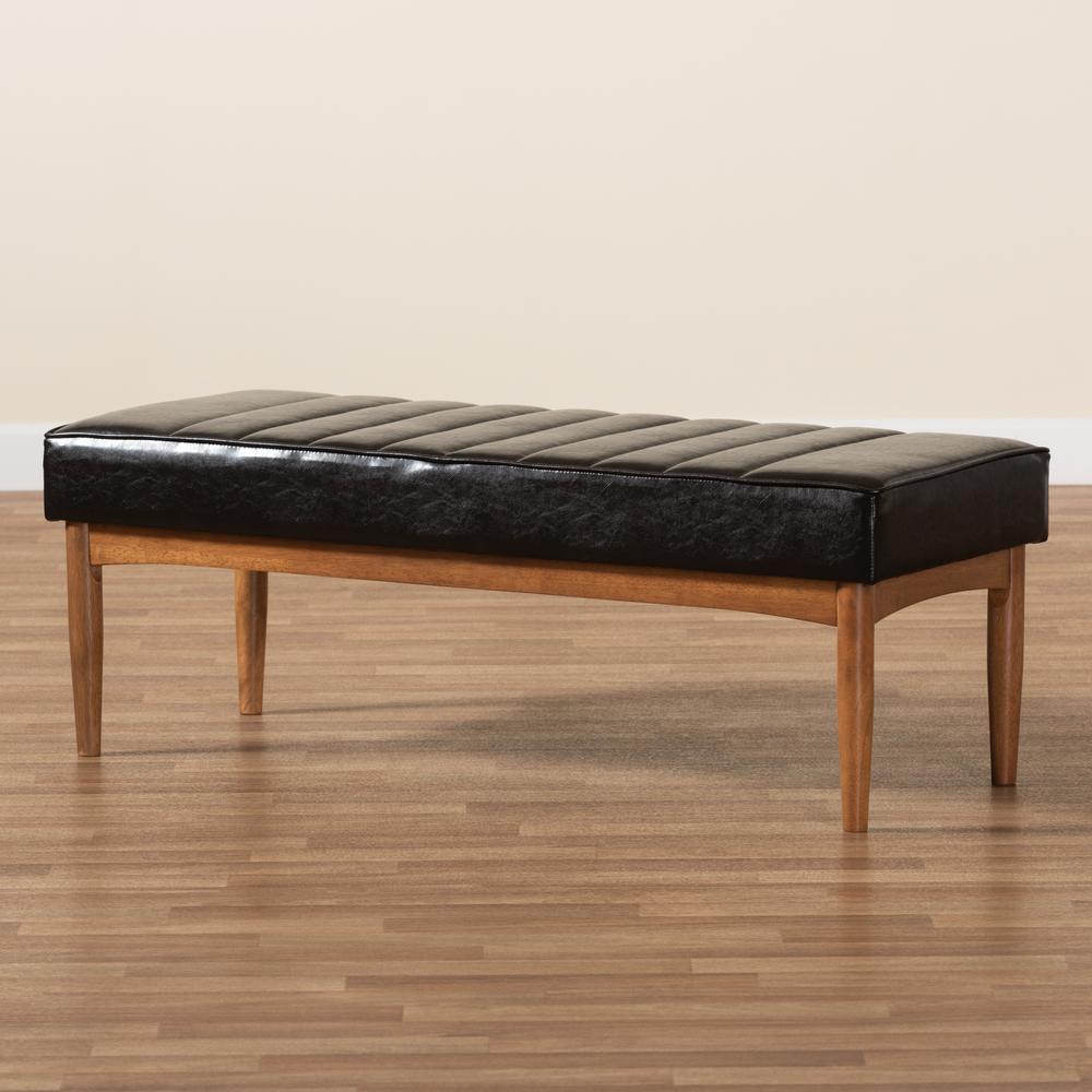 Leather Upholstered and Walnut Brown Finished Wood Dining Bench. Picture 13