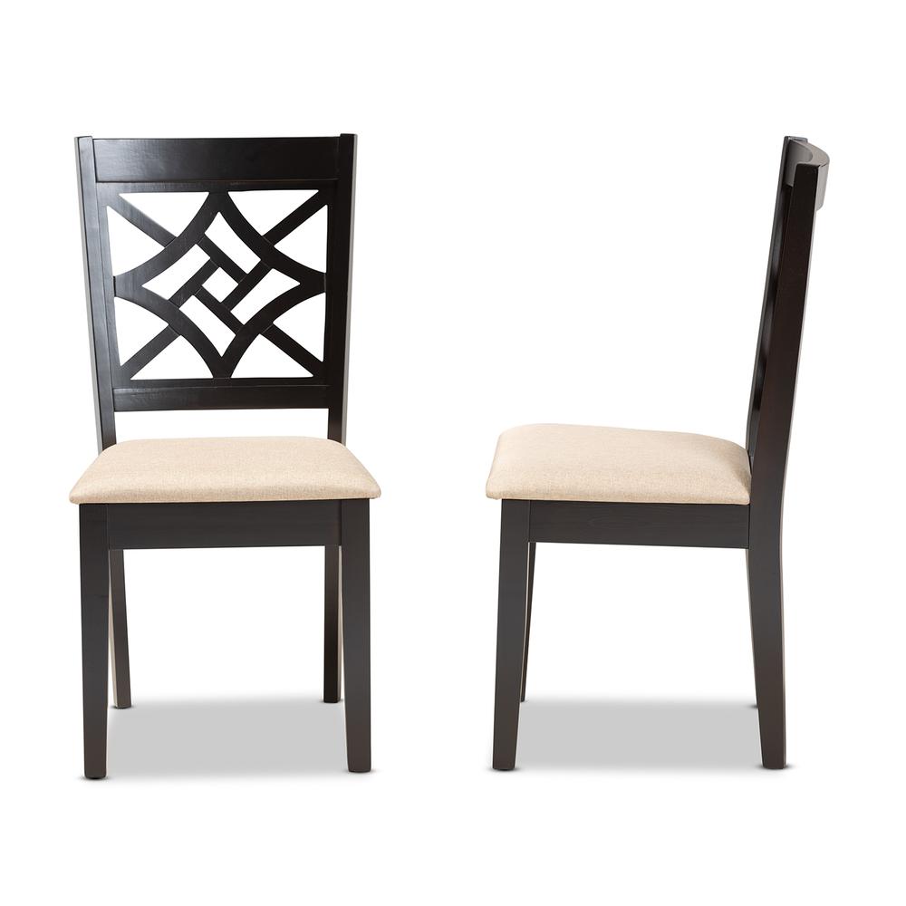 Sand Fabric Upholstered and Dark Brown Finished Wood 2-Piece Dining Chair Set. Picture 11