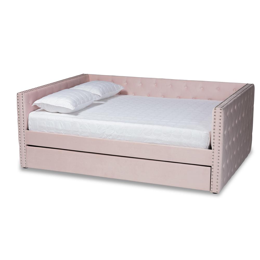 Pink Velvet Fabric Upholstered Full Size Daybed with Trundle. Picture 13