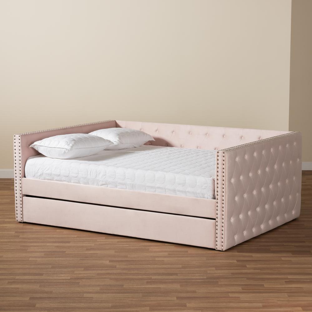 Pink Velvet Fabric Upholstered Full Size Daybed with Trundle. Picture 22