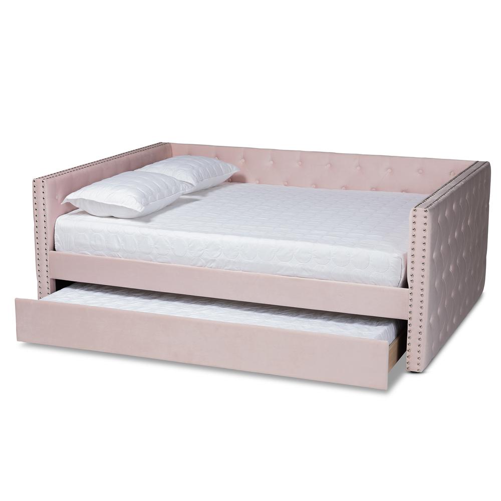 Pink Velvet Fabric Upholstered Full Size Daybed with Trundle. Picture 14