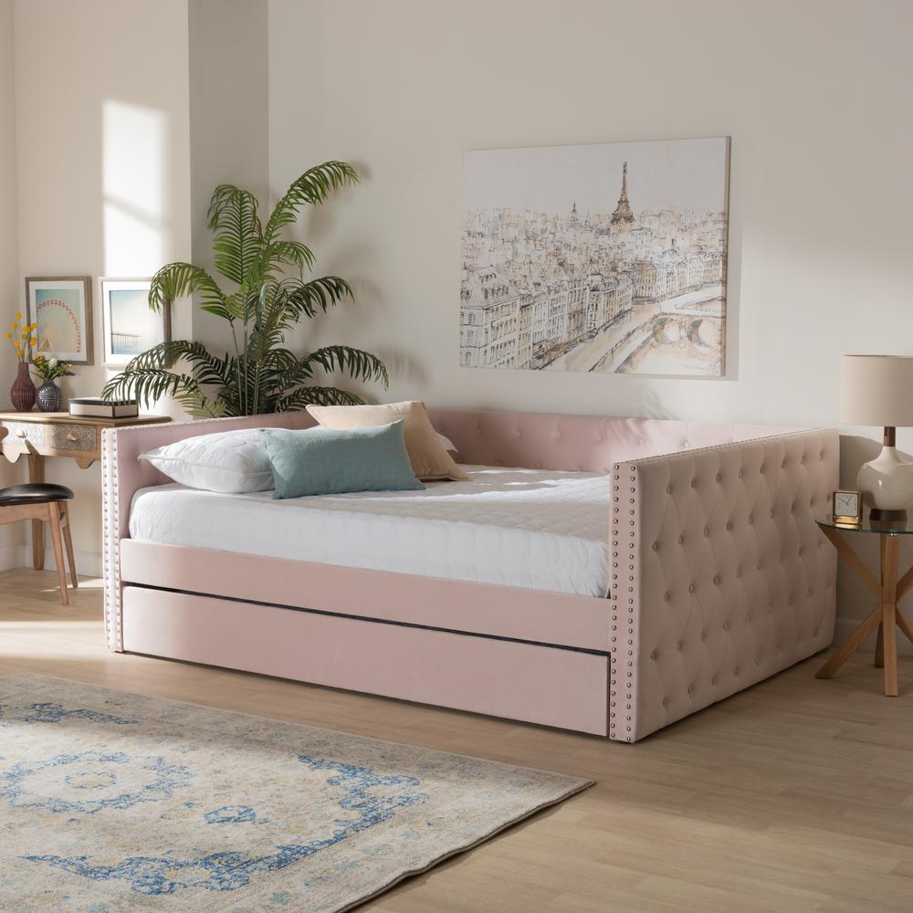 Pink Velvet Fabric Upholstered Full Size Daybed with Trundle. Picture 20