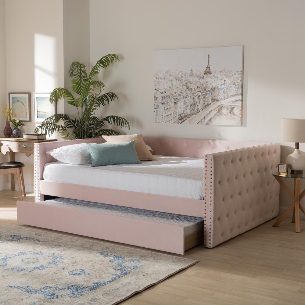Pink Velvet Fabric Upholstered Full Size Daybed with Trundle. Picture 21