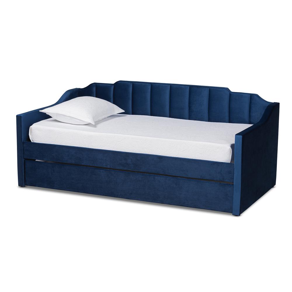 Navy Blue Velvet Fabric Upholstered Twin Size Daybed with Trundle. Picture 11