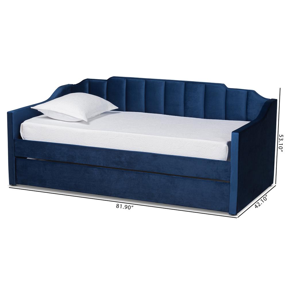 Navy Blue Velvet Fabric Upholstered Twin Size Daybed with Trundle. Picture 20