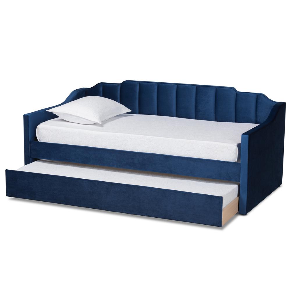 Navy Blue Velvet Fabric Upholstered Twin Size Daybed with Trundle. Picture 12